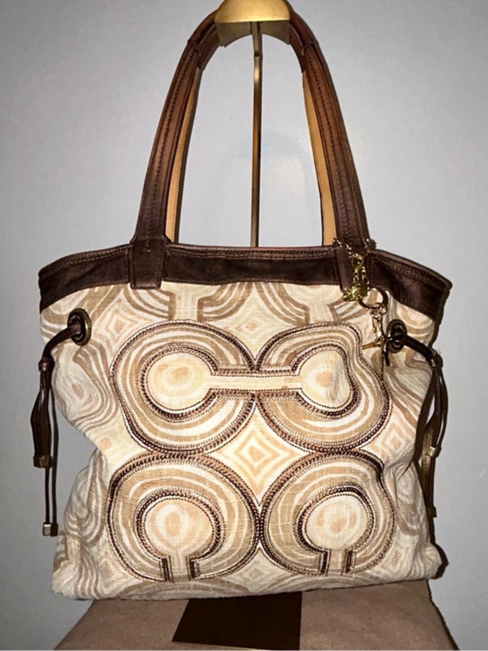 Y2K Vintage Coach Audrey Op Art Swirl Leigh Slim Tote 17044 Brown Beige Y2K